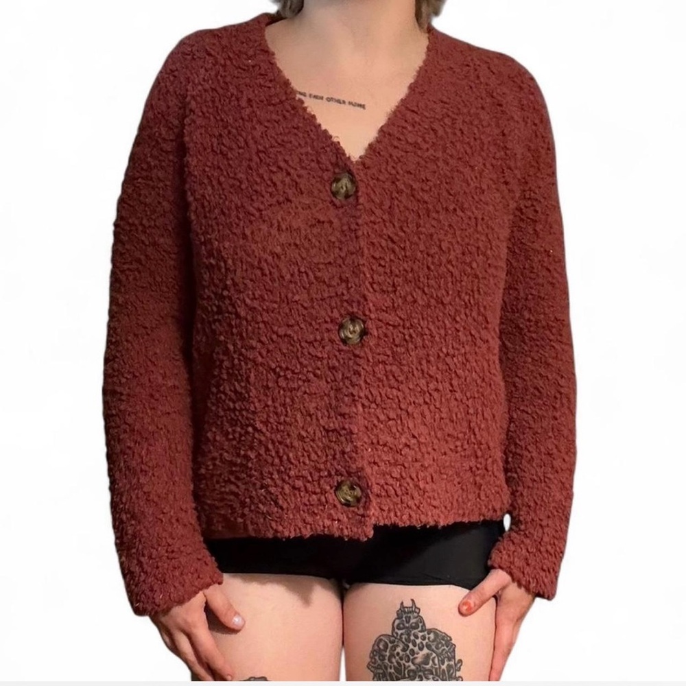 Pink Rose Burgundy Teddy Jacket V-Neck Cropped